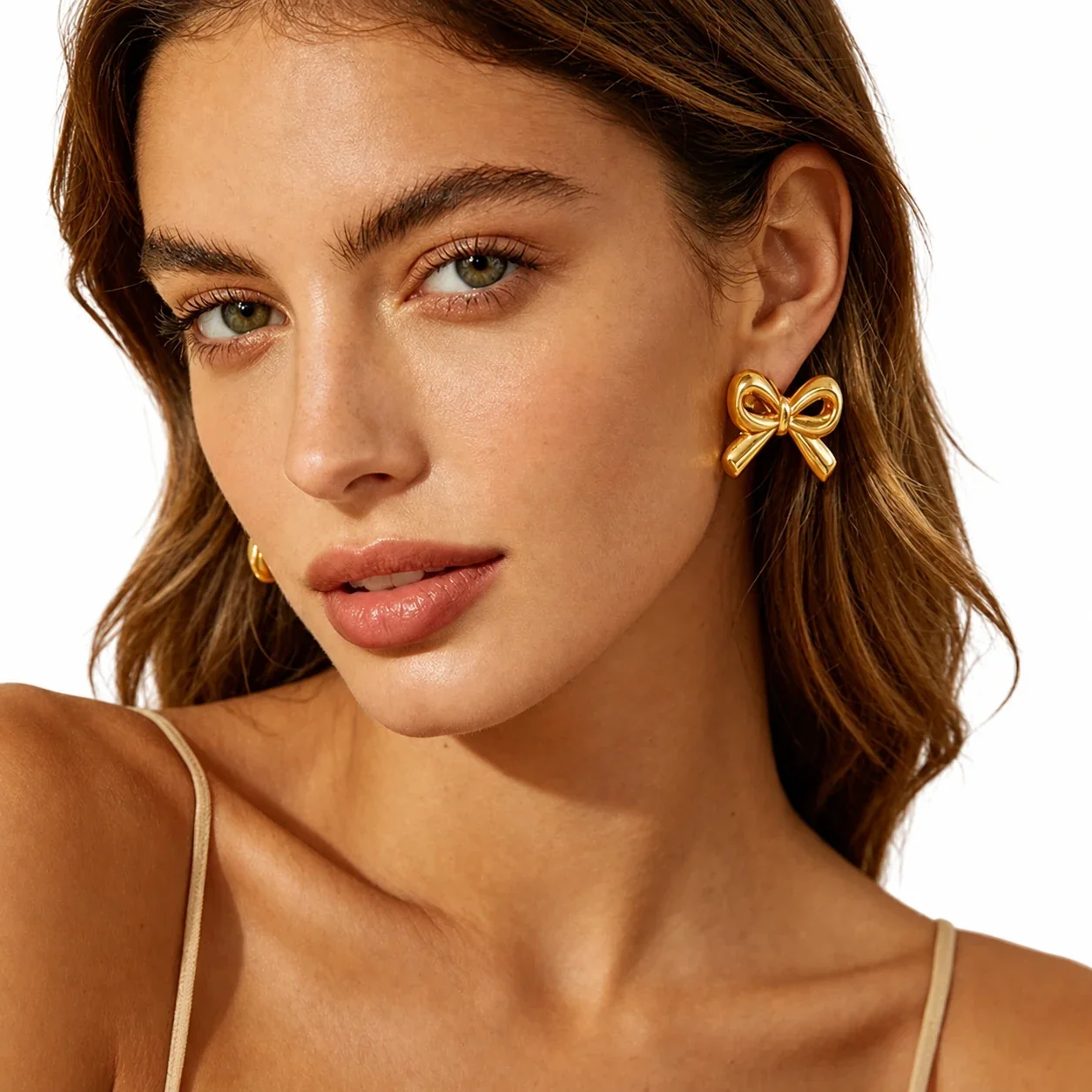 Glossy 18K Gold-Plated Stainless Steel Open Bow Stud Earrings
