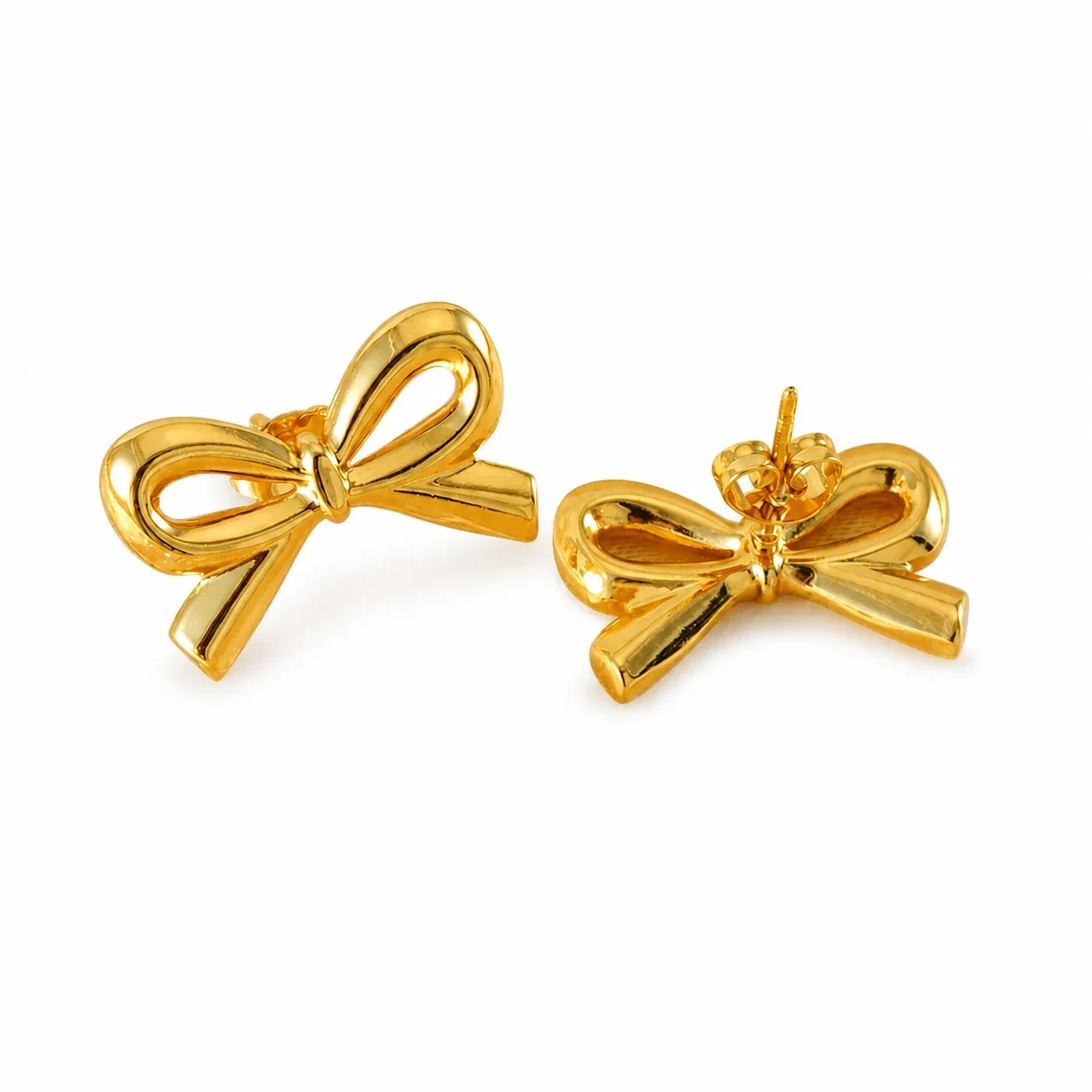 Glossy 18K Gold-Plated Stainless Steel Open Bow Stud Earrings