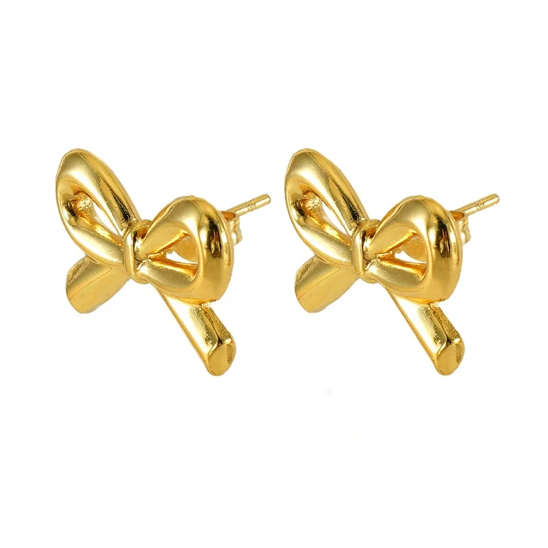 Glossy 18K Gold-Plated Stainless Steel Open Bow Stud Earrings