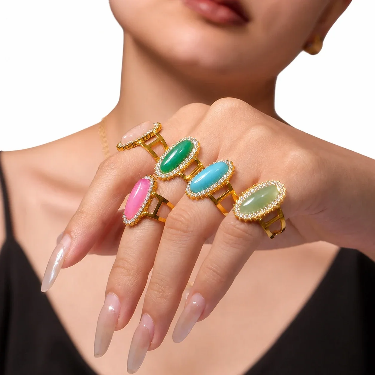 Ornate 18K Gold-Plated Oval Cabochon Split-Shank Ring