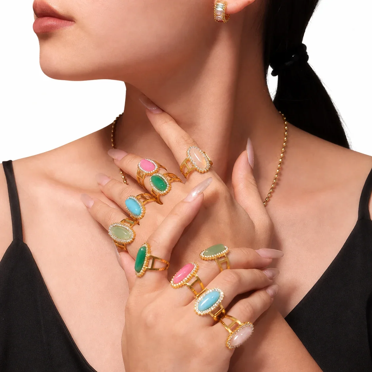 Ornate 18K Gold-Plated Oval Cabochon Split-Shank Ring