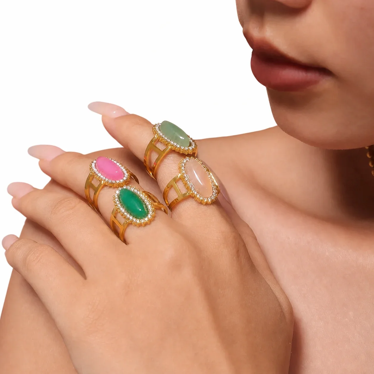 Ornate 18K Gold-Plated Oval Cabochon Split-Shank Ring