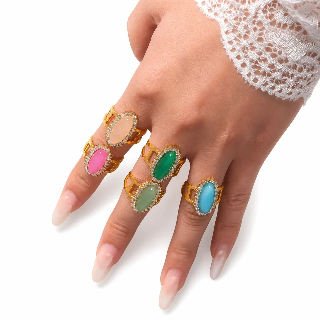 Ornate 18K Gold-Plated Oval Cabochon Split-Shank Ring