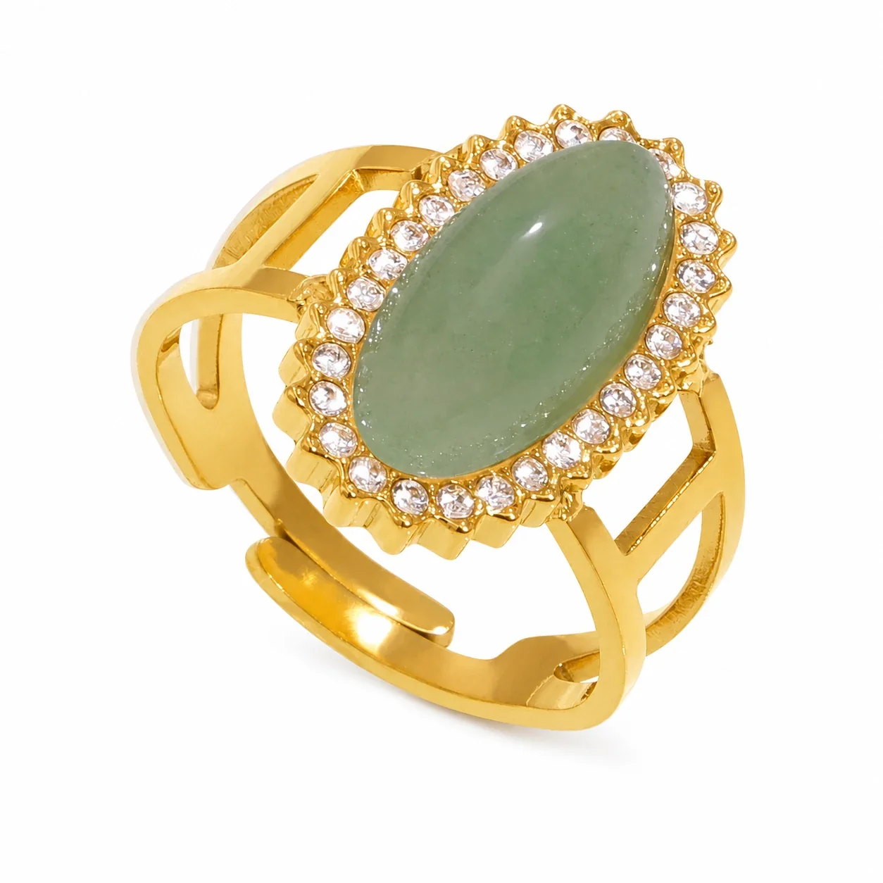 Ornate 18K Gold-Plated Oval Cabochon Split-Shank Ring - Green Aventurine