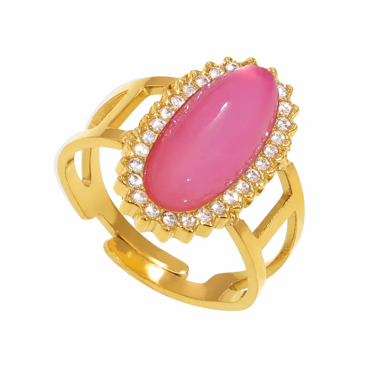 Ornate 18K Gold-Plated Oval Cabochon Split-Shank Ring - Pink Quartz