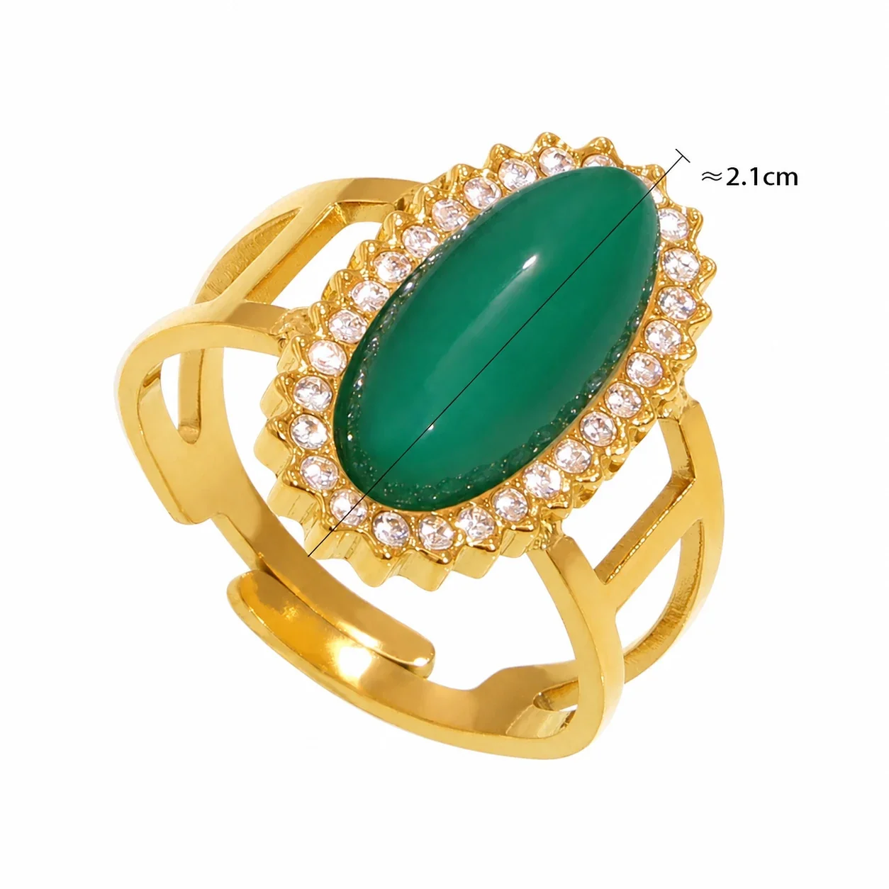 Ornate 18K Gold-Plated Oval Cabochon Split-Shank Ring - Green Agate