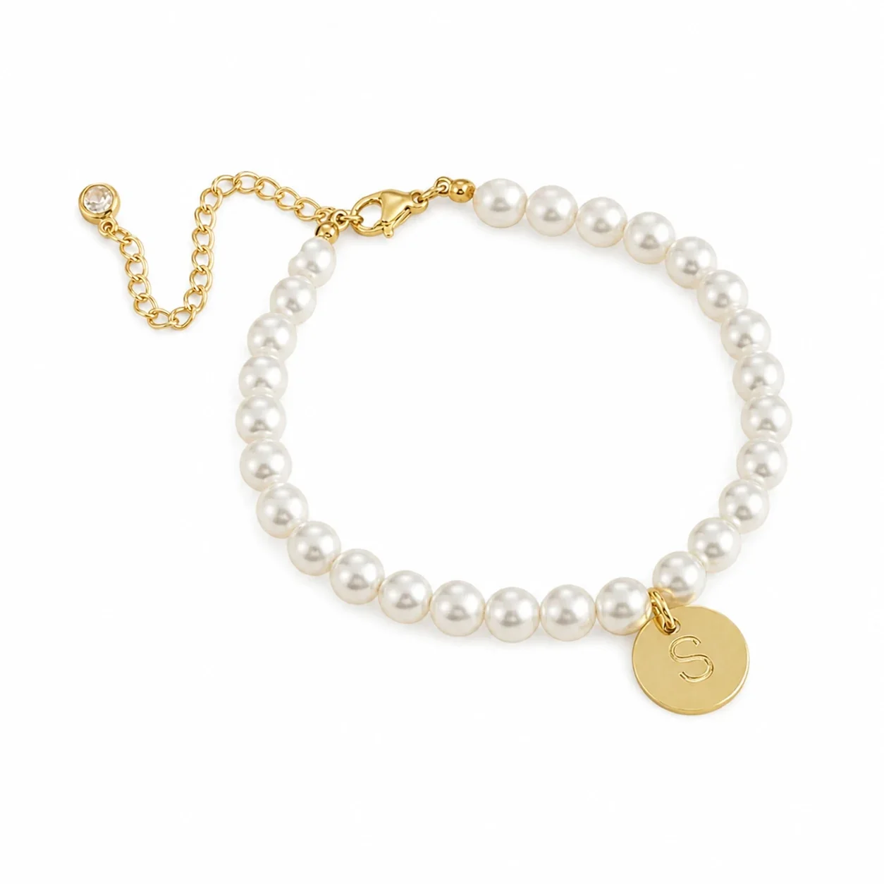 Dainty Gold-Plated Pearl-Effect Bead Initial Charm Bracelet
