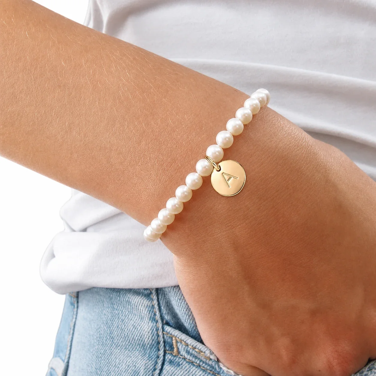 Dainty Gold-Plated Pearl-Effect Bead Initial Charm Bracelet