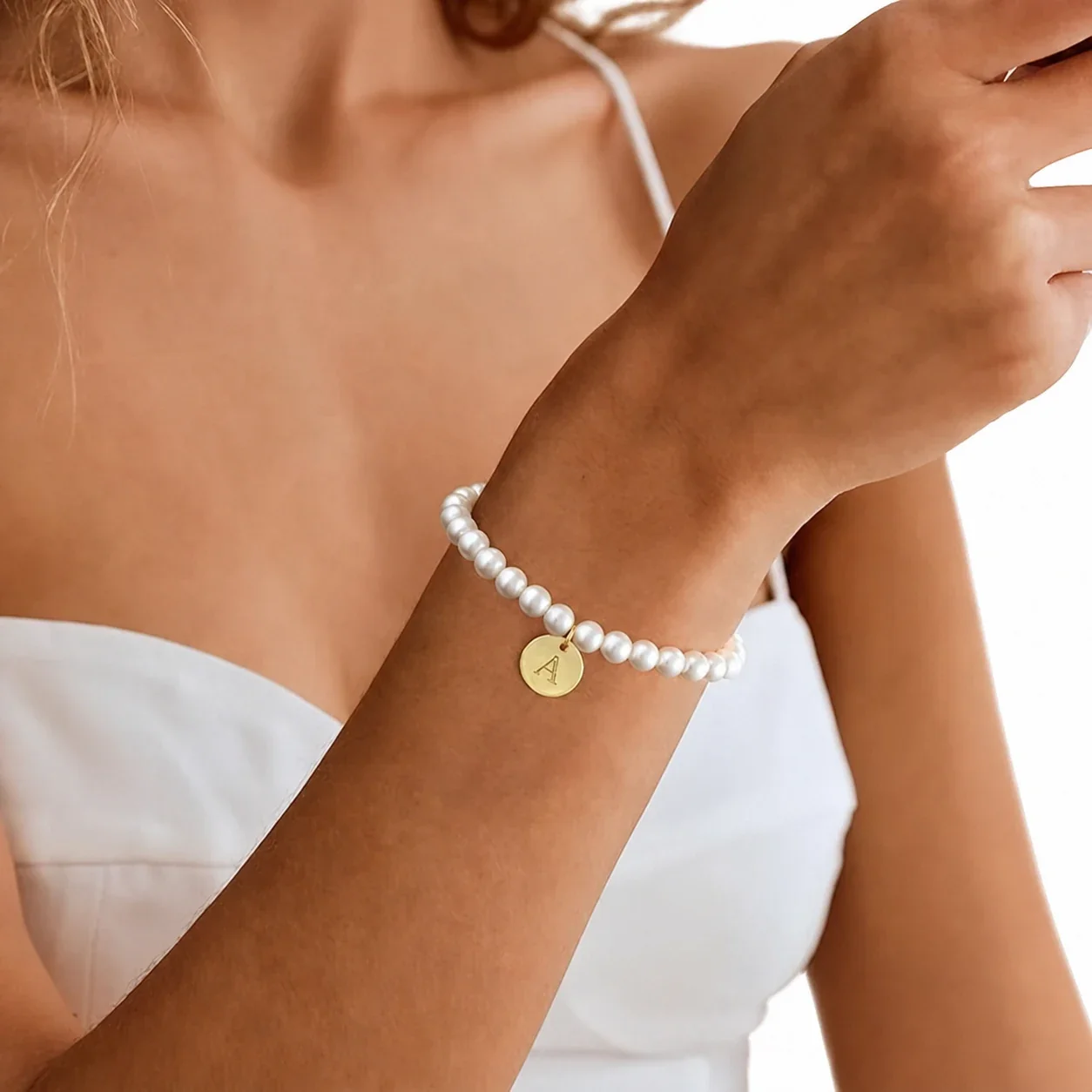 Dainty Gold-Plated Pearl-Effect Bead Initial Charm Bracelet
