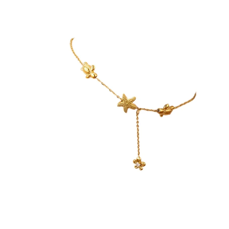 Seestern-Fußkette mit Schildkröten & Kristallblüte, 18K vergoldet