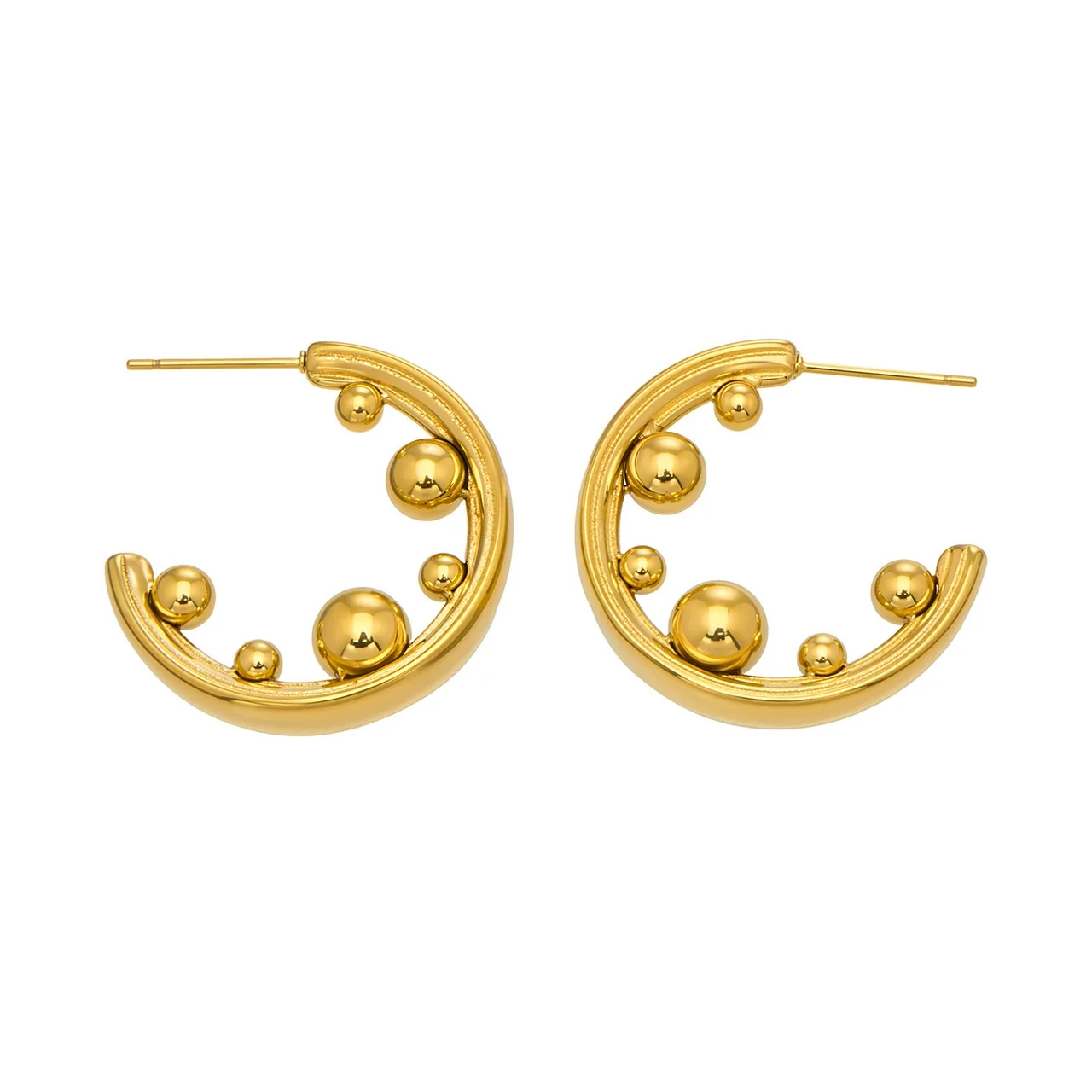 Sculptural 18K Gold PVD 316L Stainless Steel Bead C-Hoop Earrings