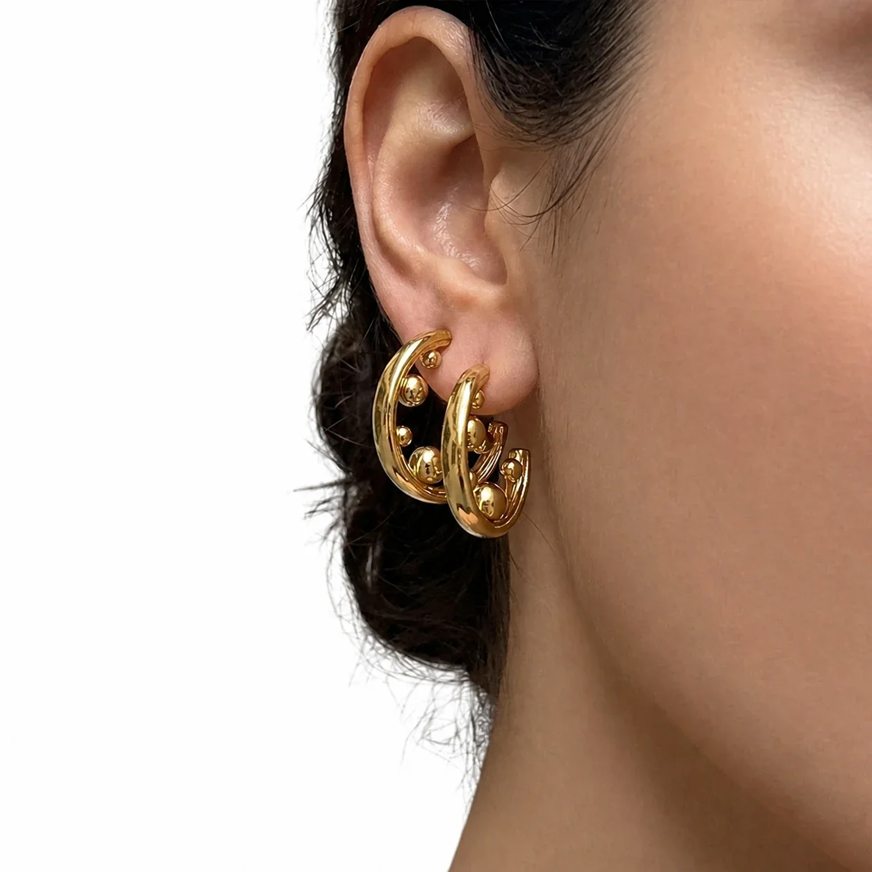 Sculptural 18K Gold-Plated 316L Bead C-Hoop Earrings