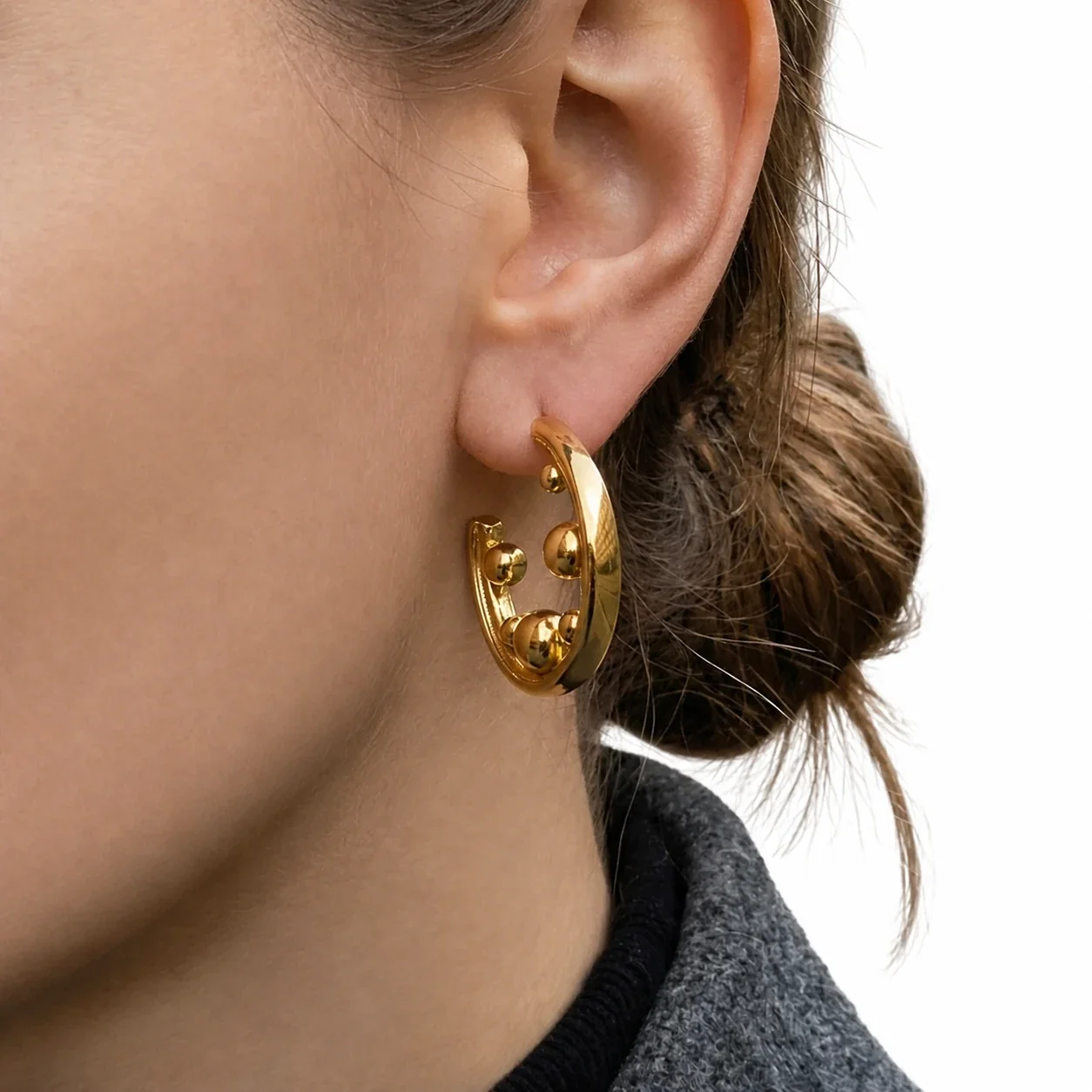 Sculptural 18K Gold-Plated 316L Bead C-Hoop Earrings