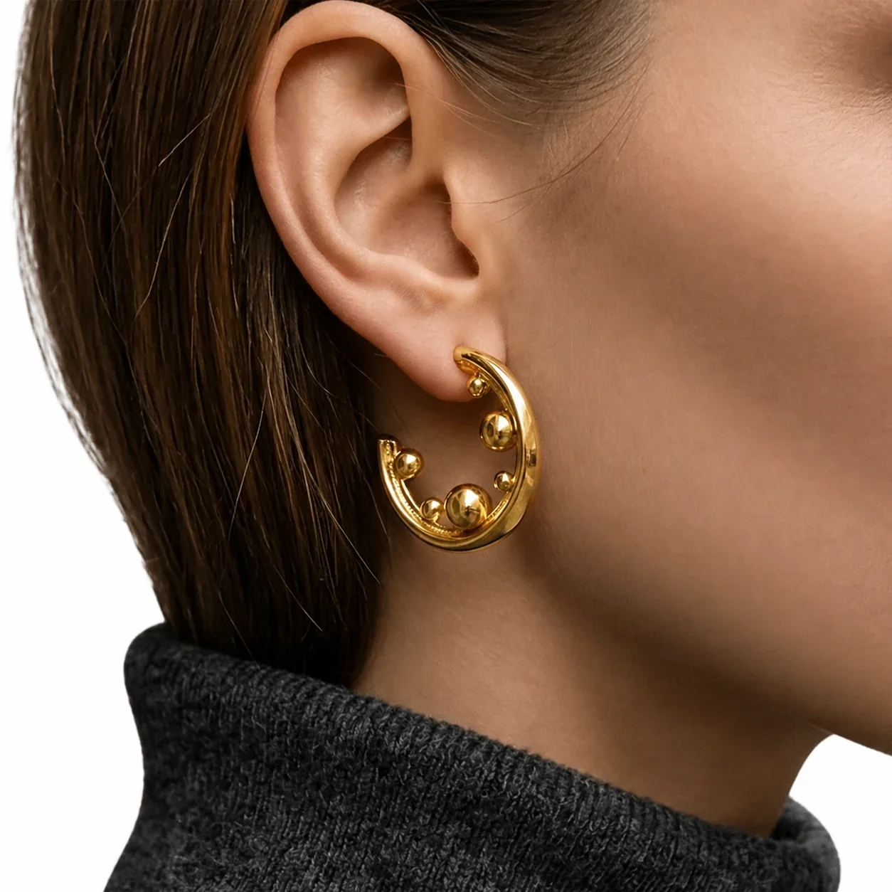 Sculptural 18K Gold-Plated 316L Bead C-Hoop Earrings