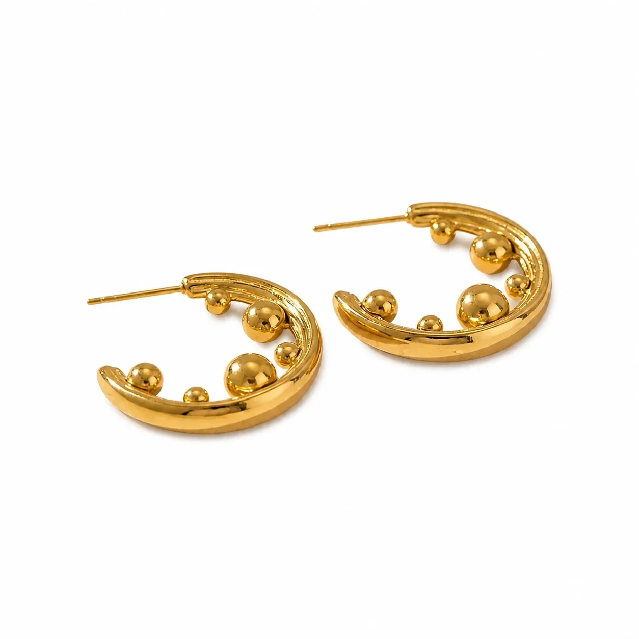 Sculptural 18K Gold-Plated 316L Bead C-Hoop Earrings