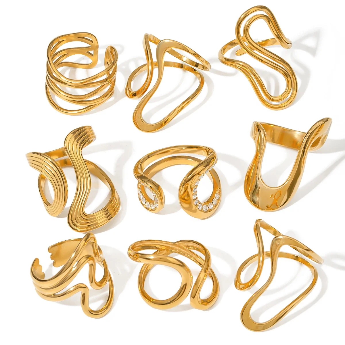 Sculptural 18K Gold-Plated Wave Open-Front Ring