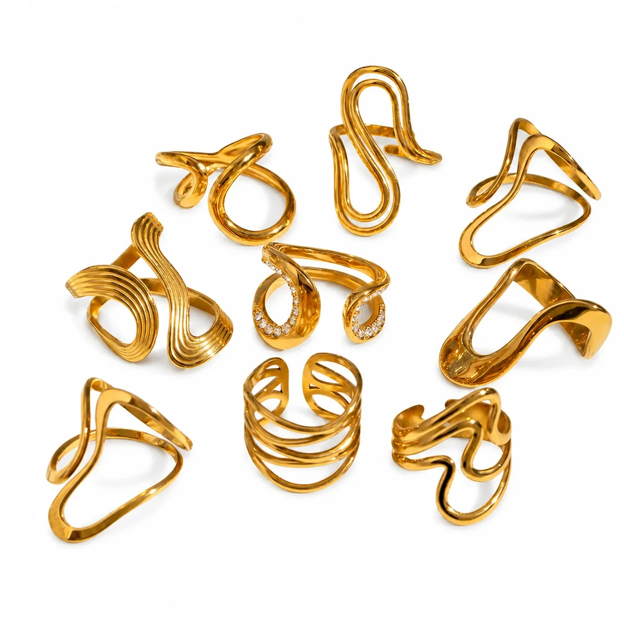 Sculptural 18K Gold-Plated Wave Open-Front Ring