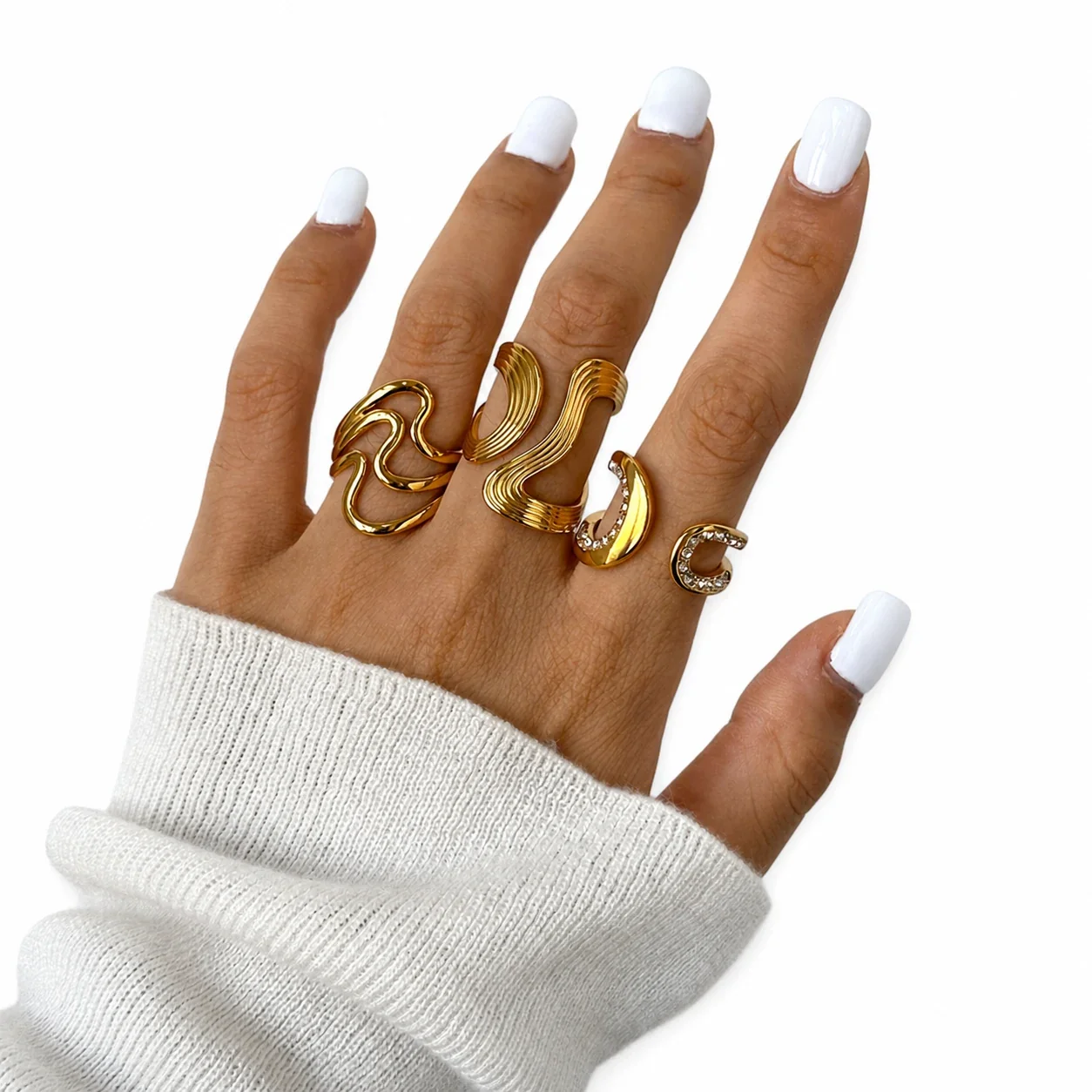 Sculptural 18K Gold-Plated Wave Open-Front Ring