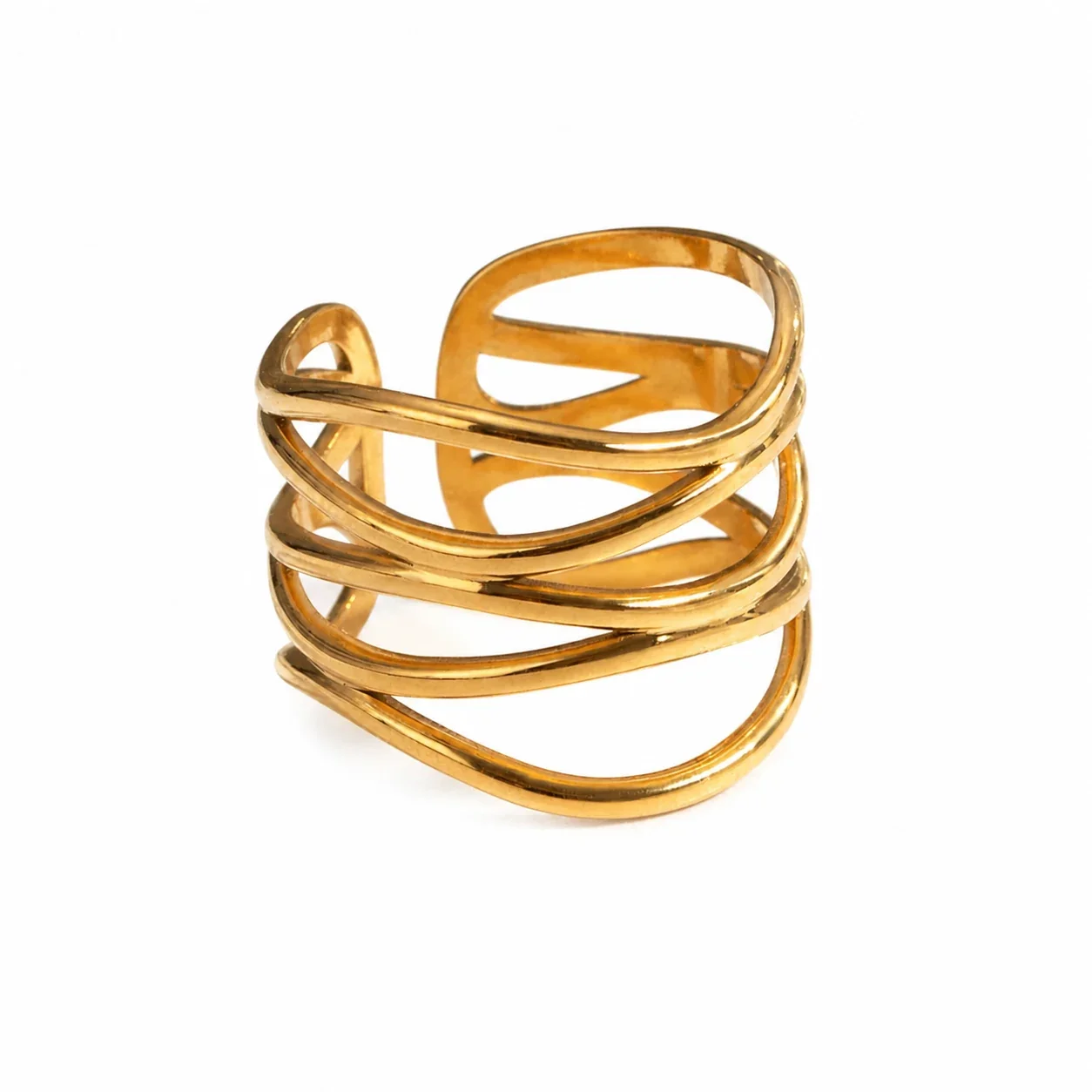 Sculptural 18K Gold-Plated Wave Open-Front Ring