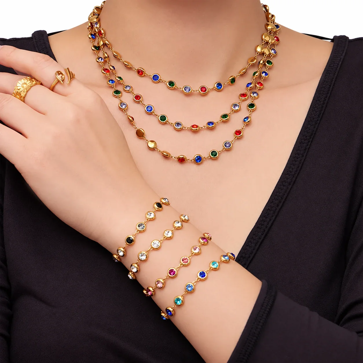 Bracelet with Round Bezel-Set Cubic Zirconia, Gold-Plated Steel
