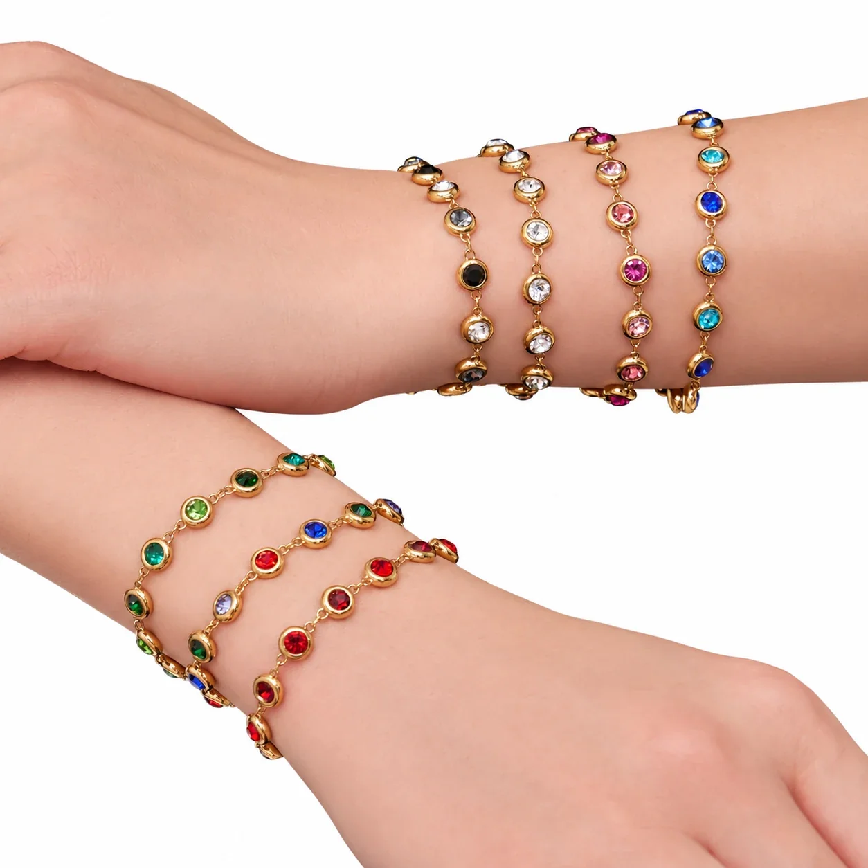 Bracelet with Round Bezel-Set Cubic Zirconia, Gold-Plated Steel