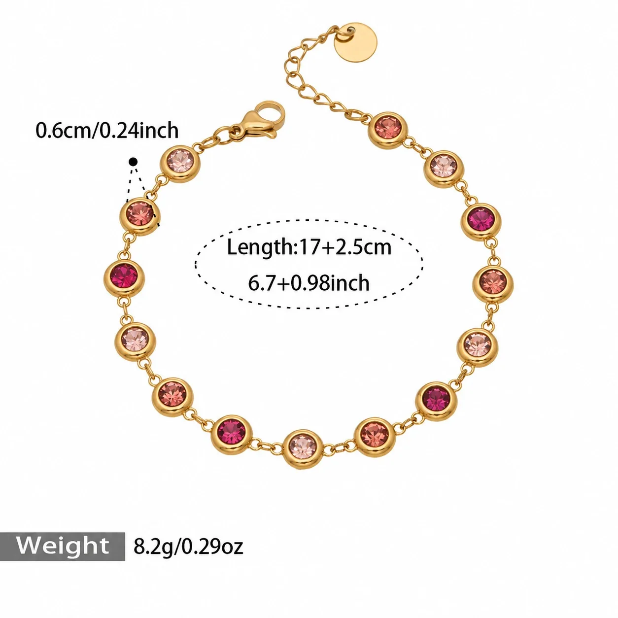 Bracelet with Round Bezel-Set Cubic Zirconia, Gold-Plated Steel - Gold Pink Cubic Zirconia