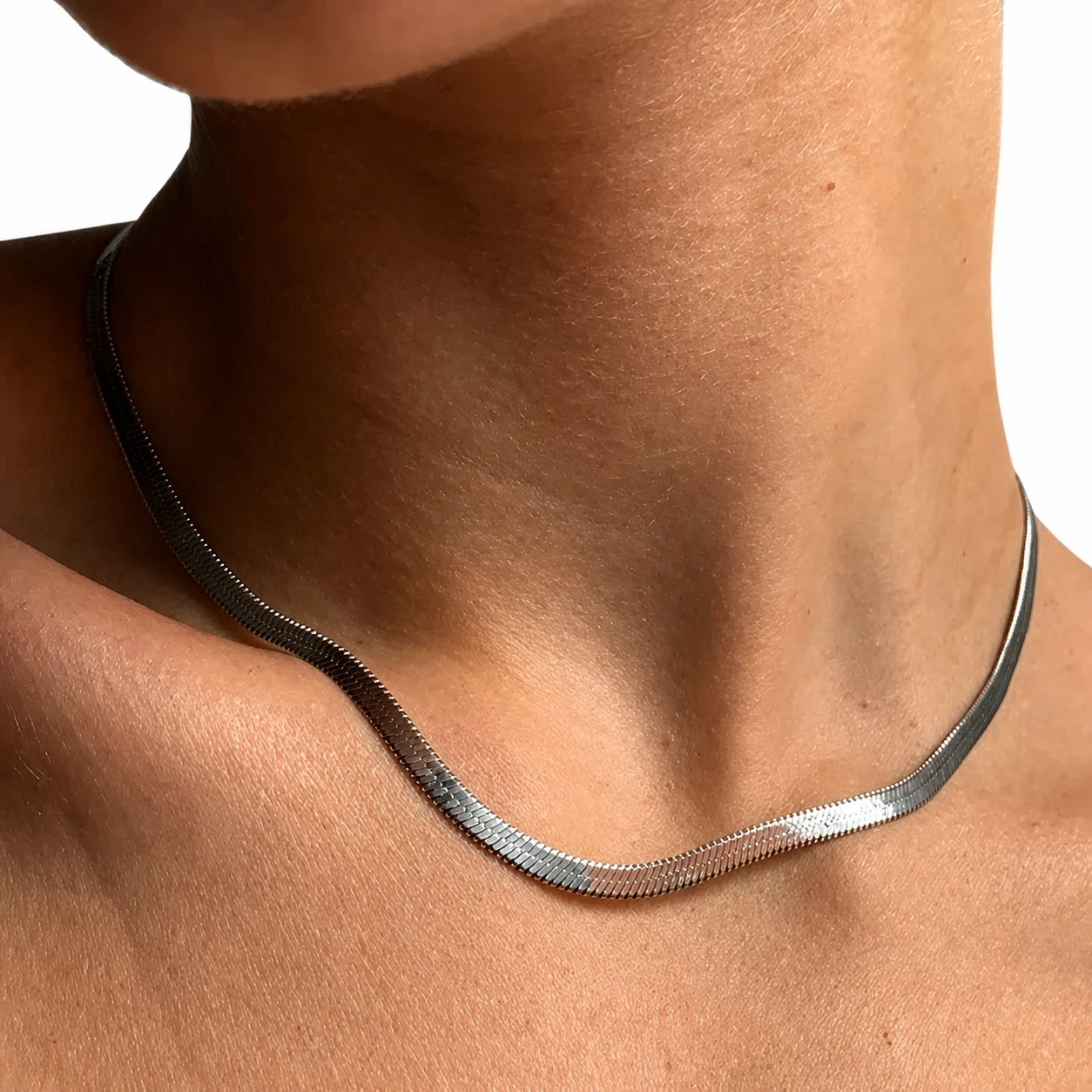 Sleek Stainless Steel Silver-Tone Snake Chain Necklace