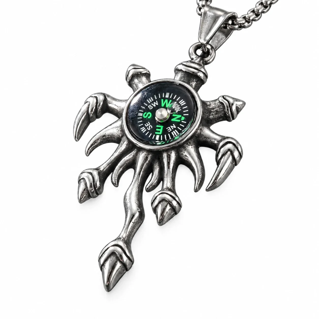 Compass Claw Pendant Box Chain Necklace, Stainless Steel