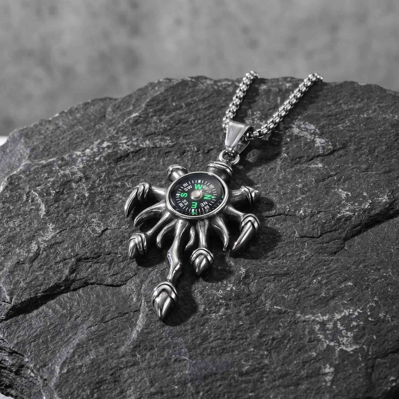Compass Claw Pendant Box Chain Necklace, Stainless Steel