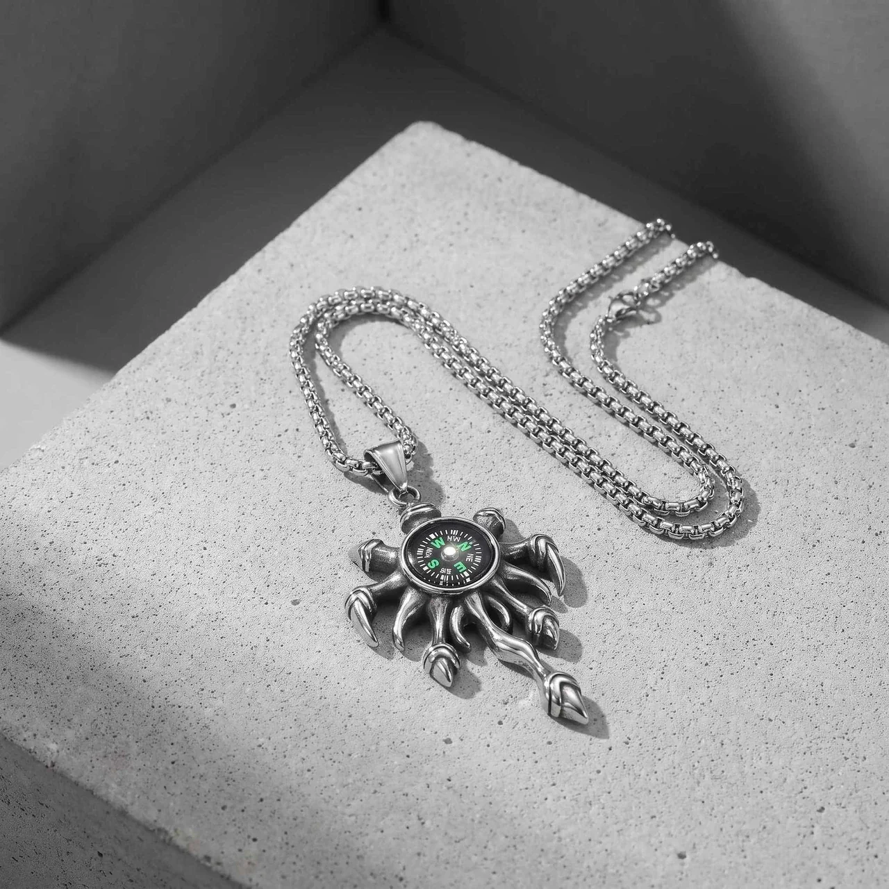 Compass Claw Pendant Box Chain Necklace, Stainless Steel