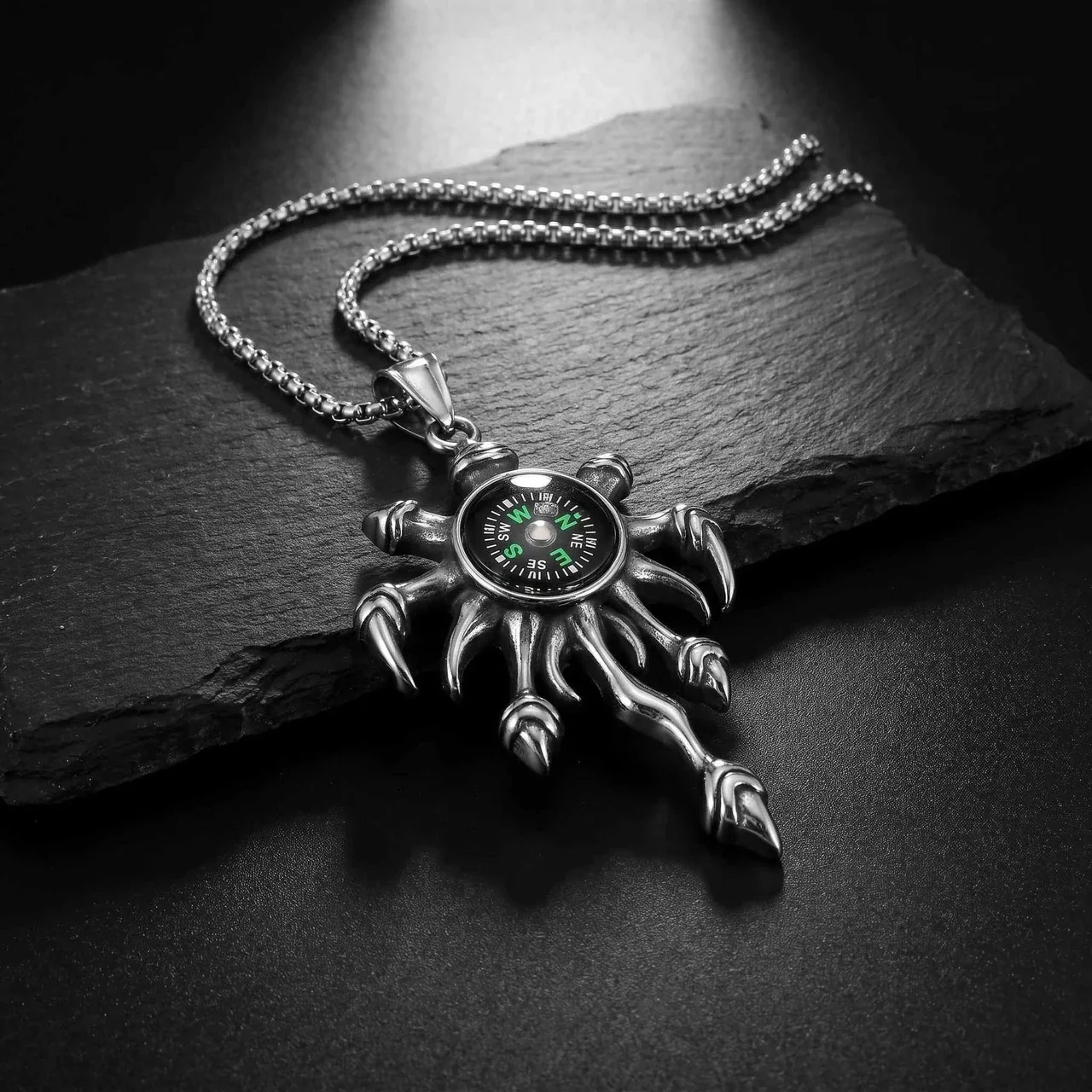 Compass Claw Pendant Box Chain Necklace, Stainless Steel