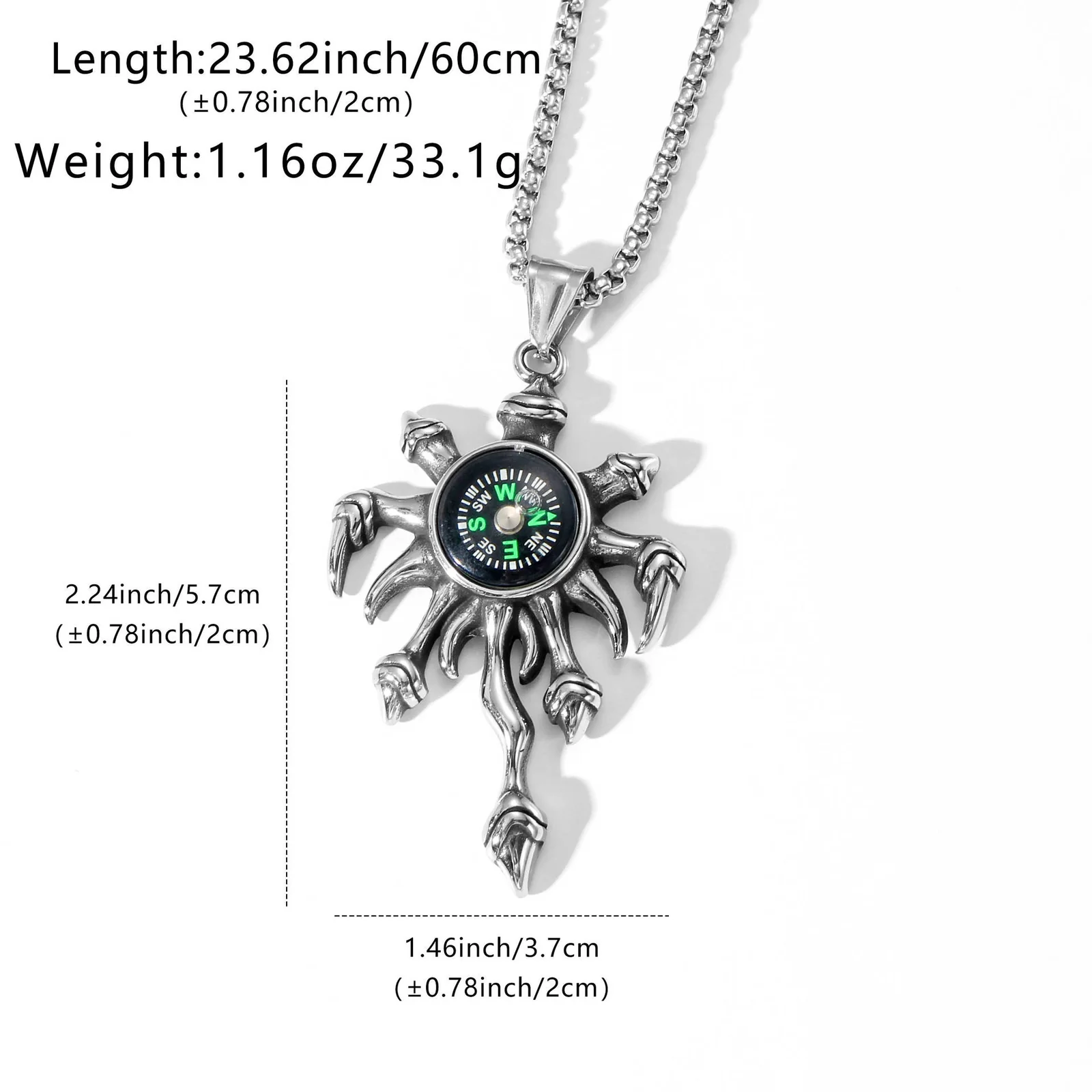 Compass Claw Pendant Box Chain Necklace, Stainless Steel - Dimensions