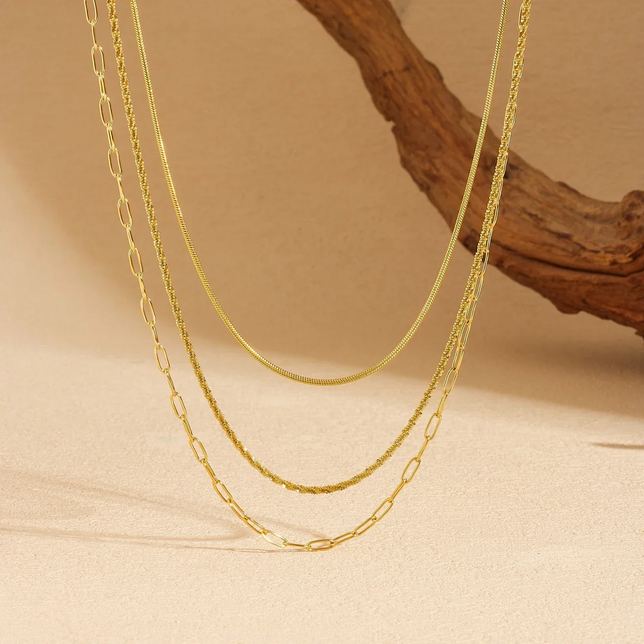 Layered Necklace with Snake and Paperclip Chains, Gold-Plated