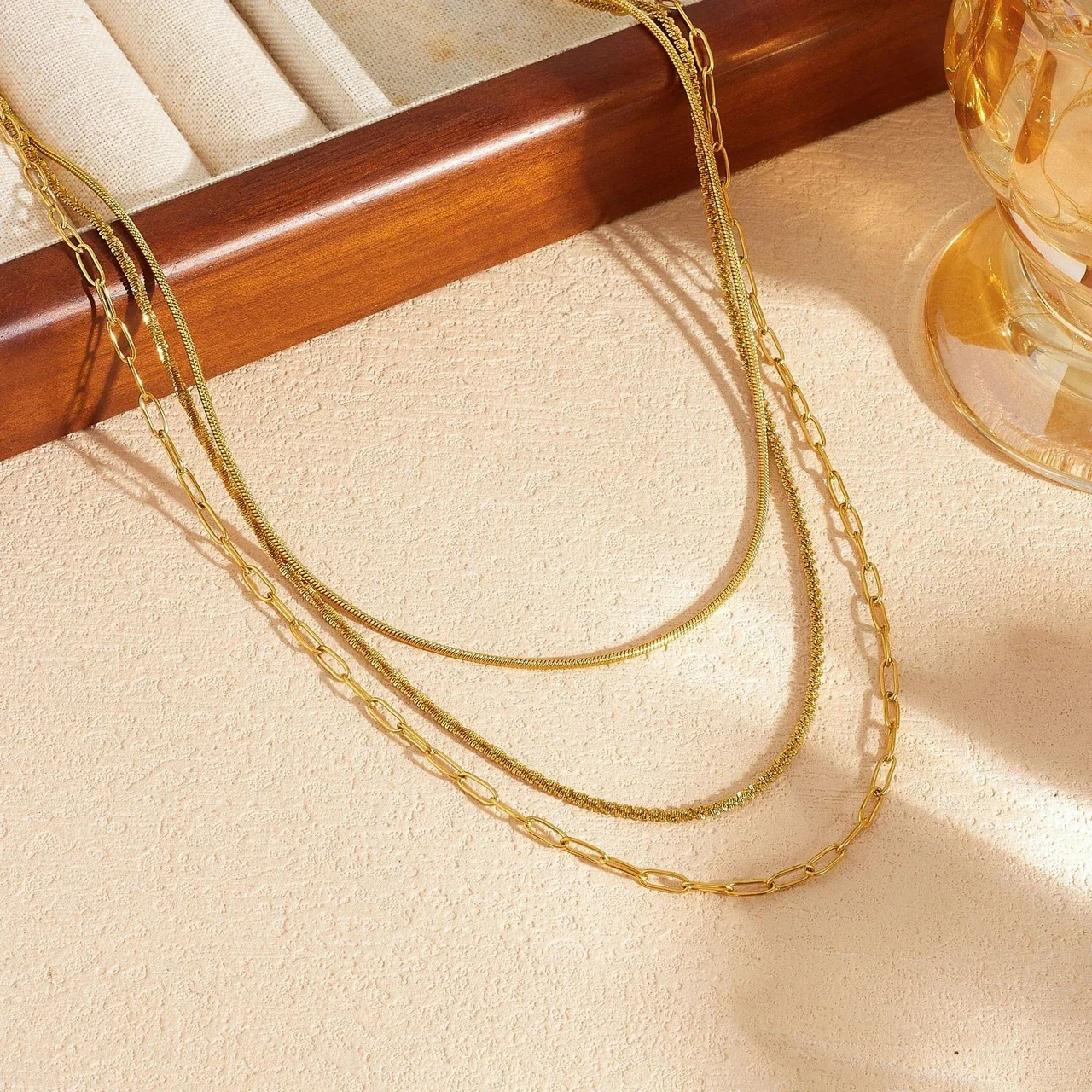 Layered Necklace with Snake and Paperclip Chains, Gold-Plated