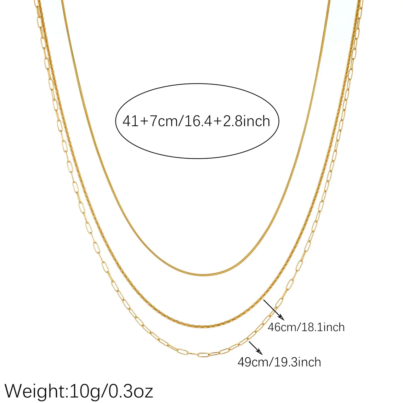 Layered Necklace with Snake and Paperclip Chains, Gold-Plated