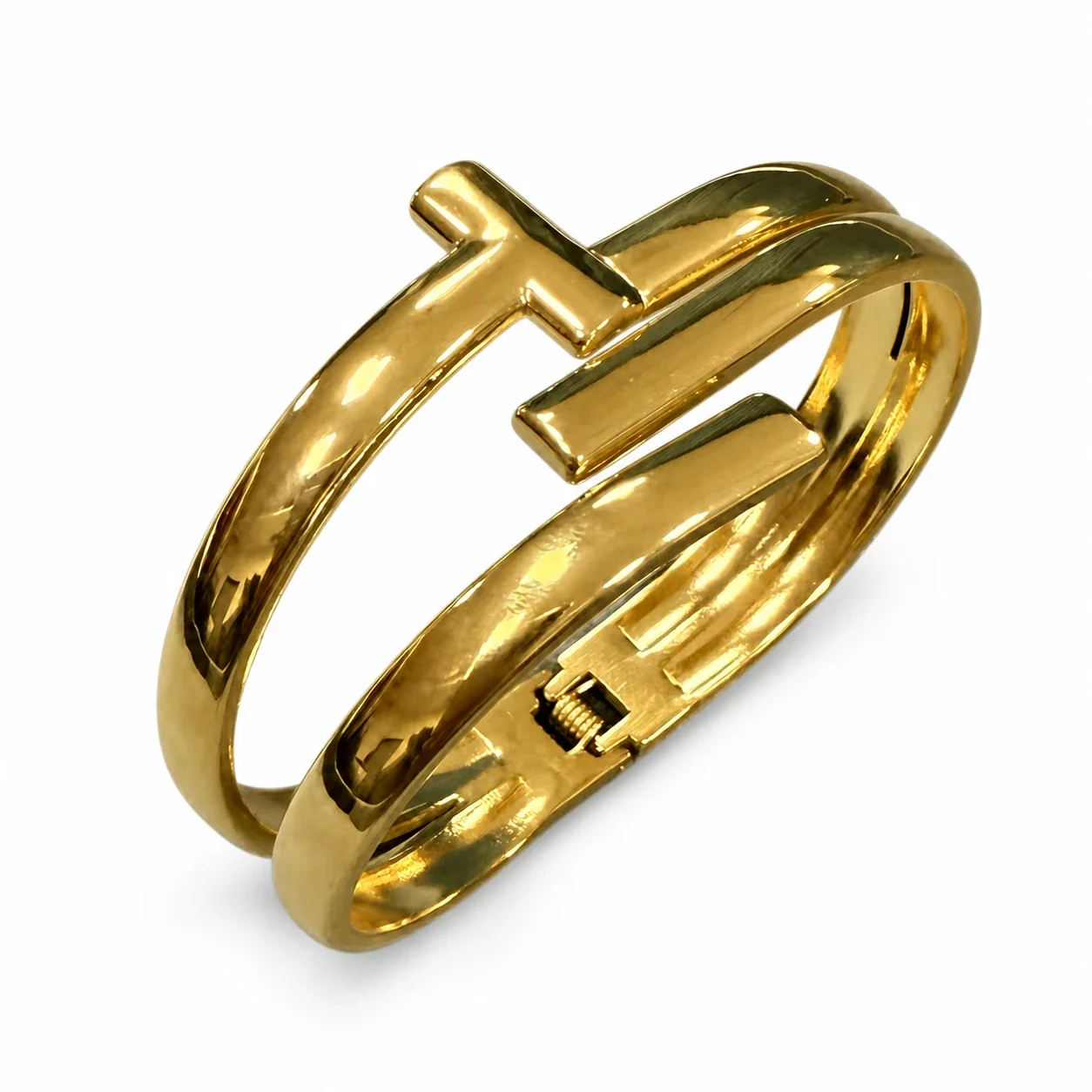 Sculptural 316 Stainless Steel Open Cuff Bracelet - Gold Bar