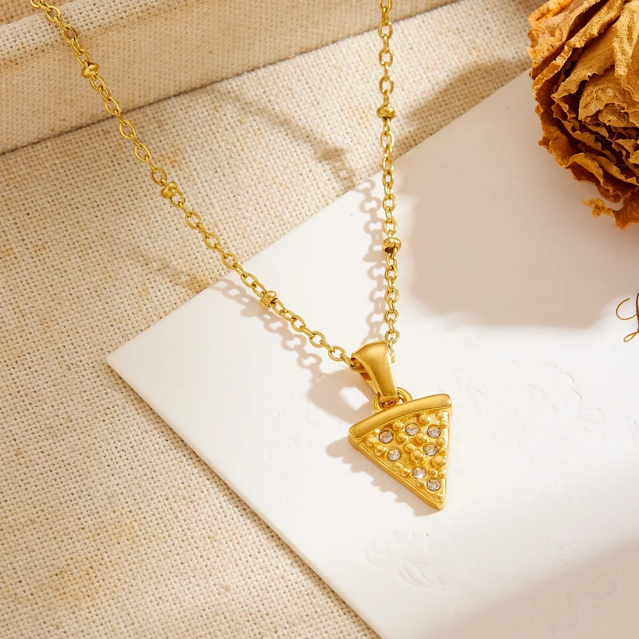Pizza Slice Pendant Necklace with Pave Crystals, Gold-Plated Steel