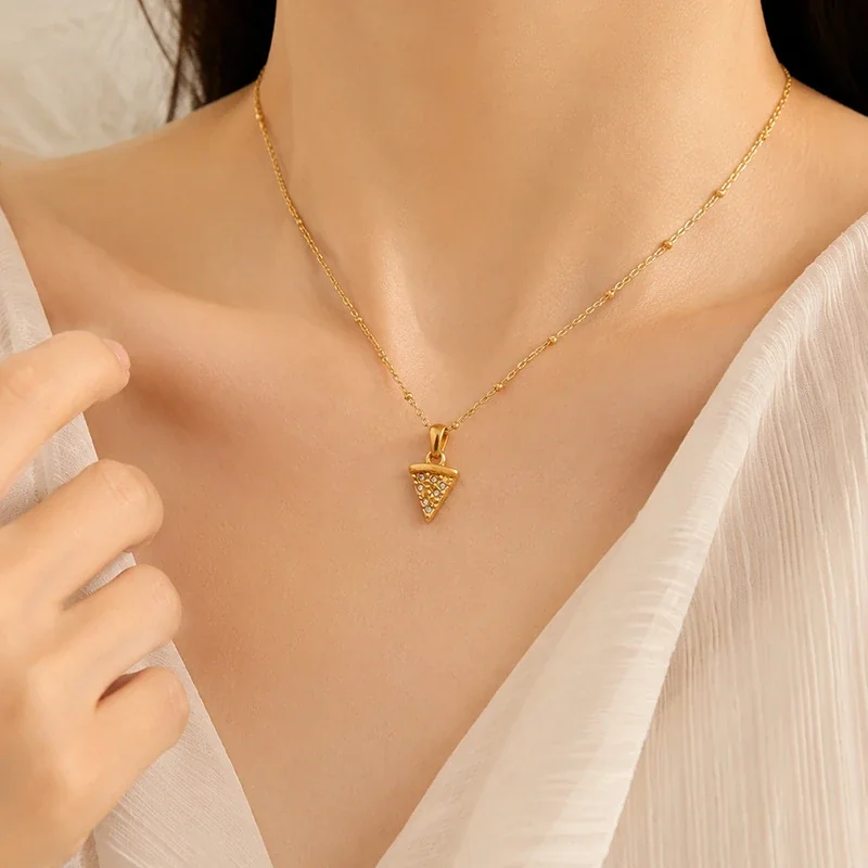 Pizza Slice Pendant Necklace with Pave Crystals, Gold-Plated Steel