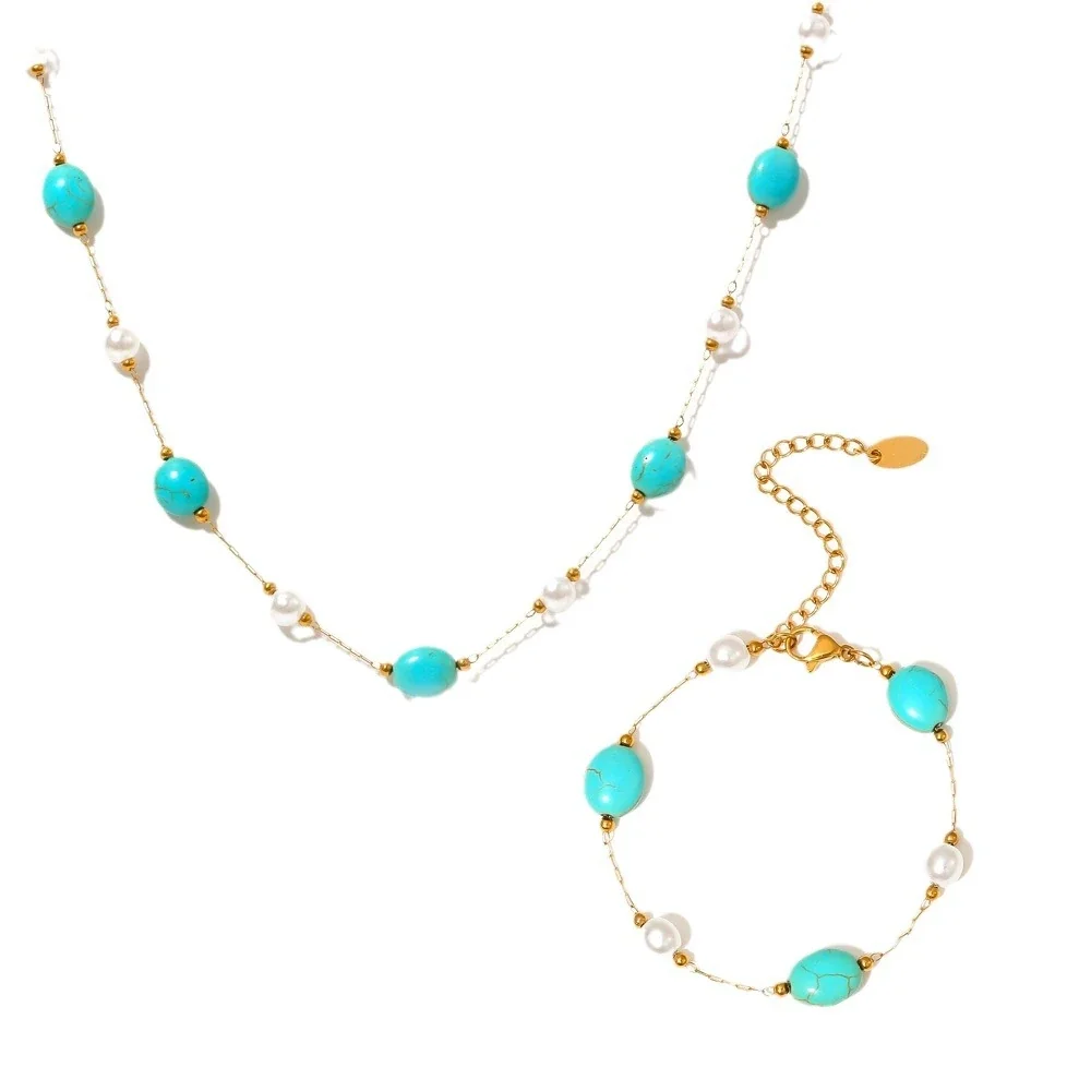 Bohemian Gold-Plated Turquoise Oval Bead Jewelry Set