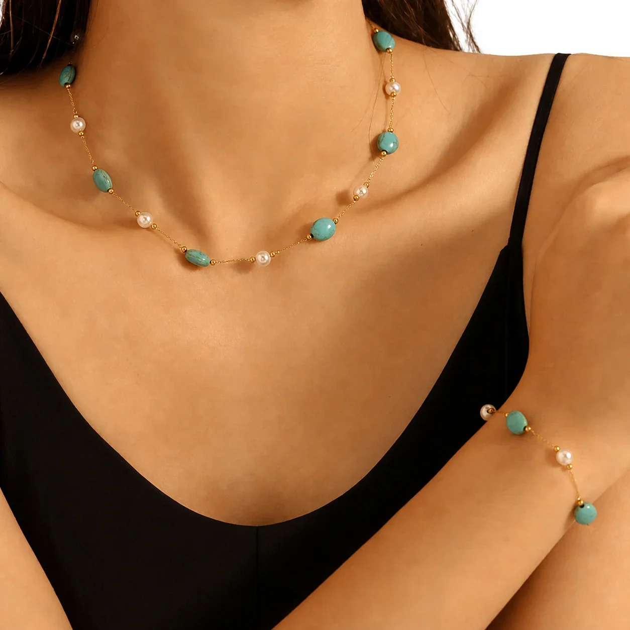 Bohemian Gold-Plated Turquoise Oval Bead Jewelry Set