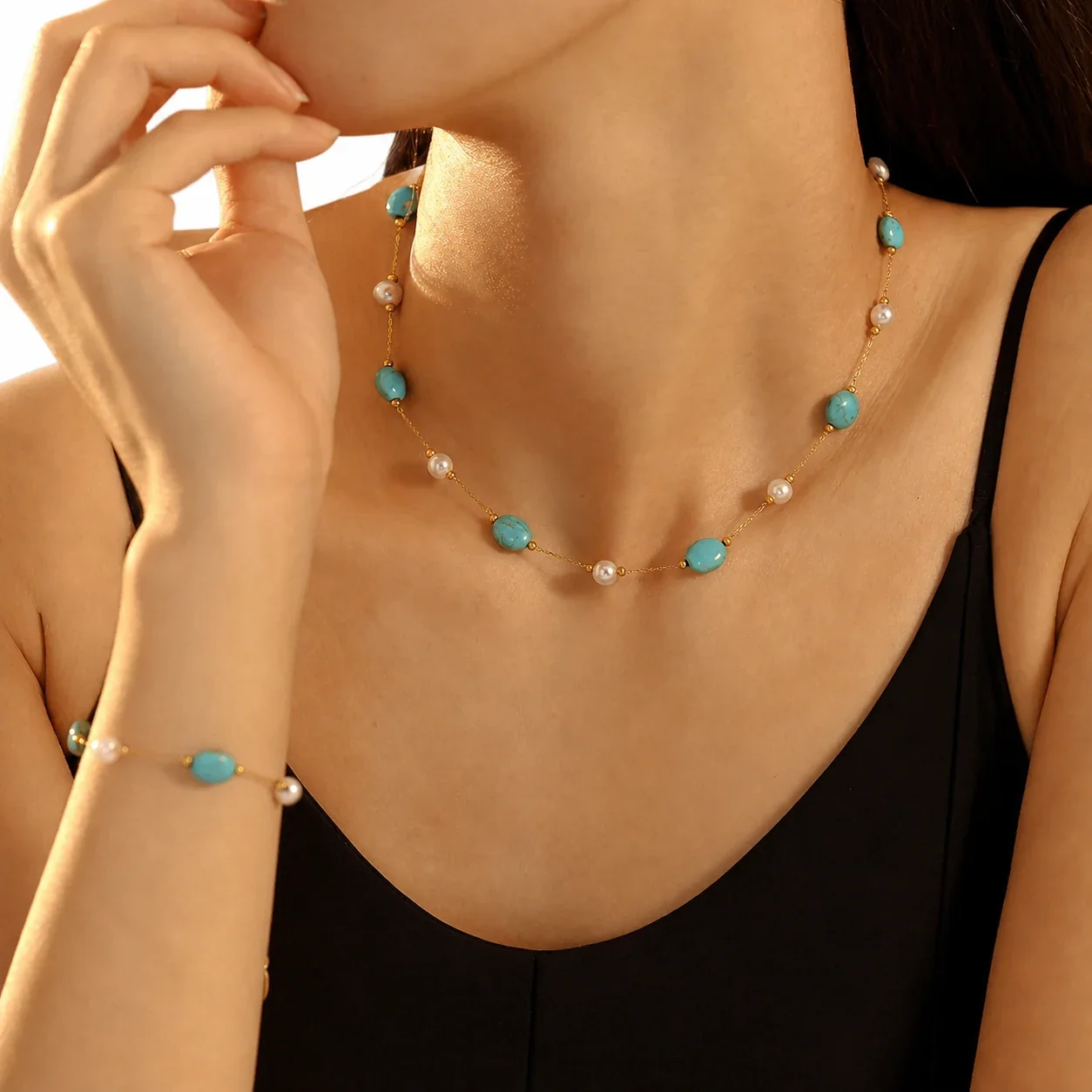 Bohemian Gold-Plated Turquoise Oval Bead Jewelry Set