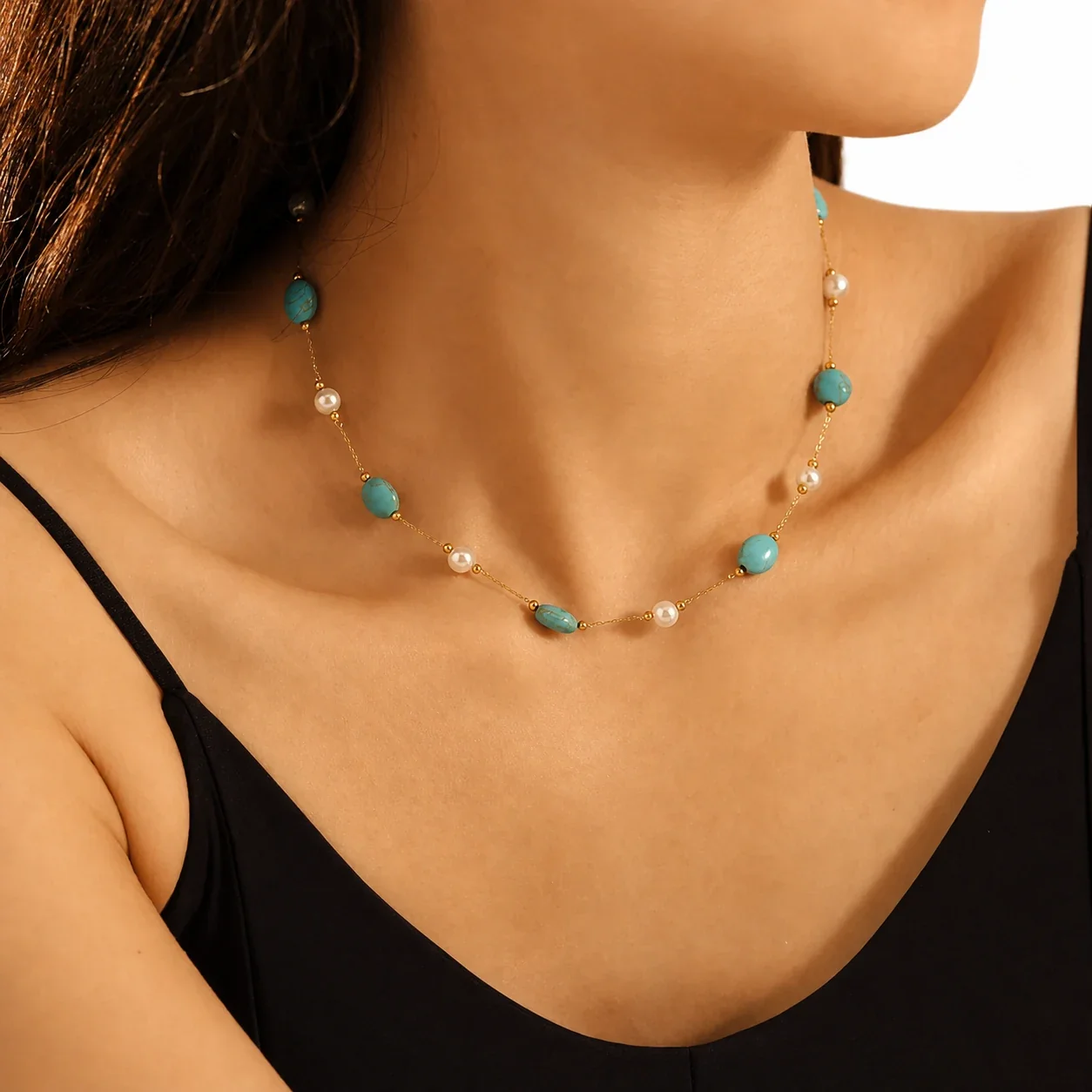 Bohemian Gold-Plated Turquoise Oval Bead Jewelry Set