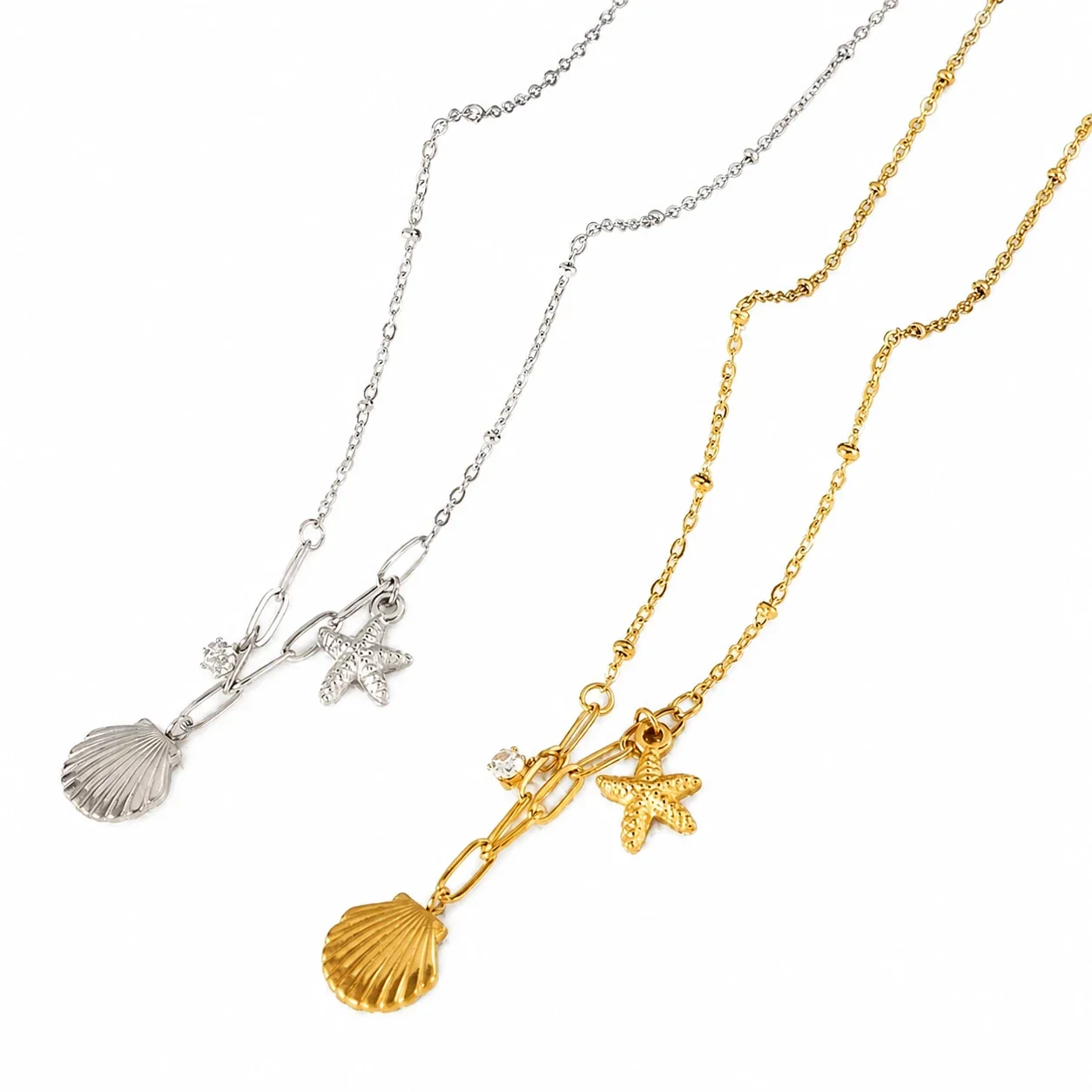 Coastal Gold-Plated Shell Starfish Paperclip Necklace