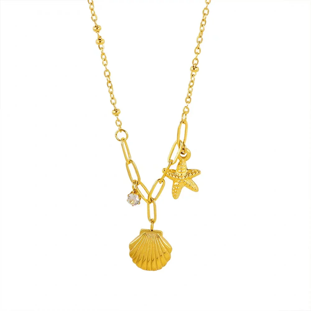 Coastal Gold-Plated Shell Starfish Paperclip Necklace
