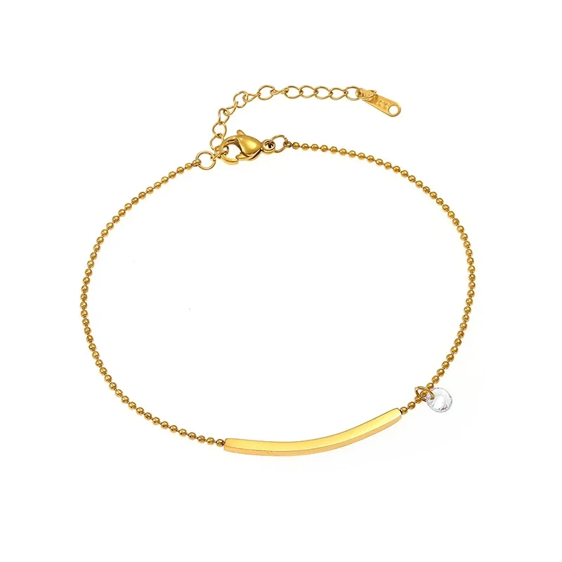 Anklet with Curved Bar and Round CZ, Gold-Tone Steel