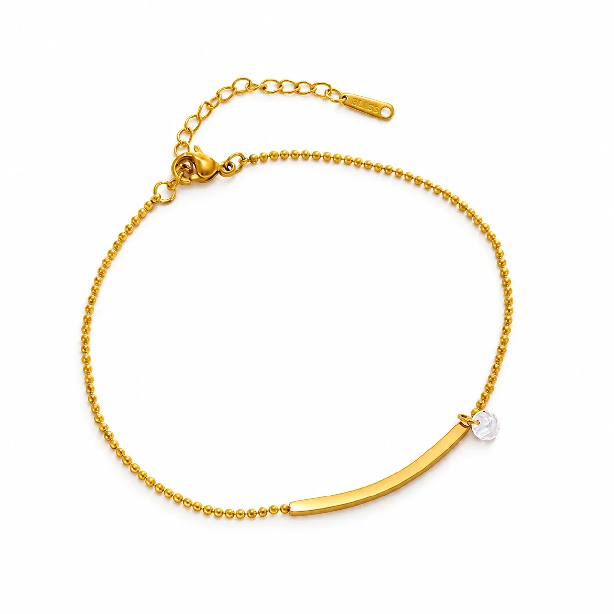 Anklet with Curved Bar and Round CZ, Gold-Tone Steel