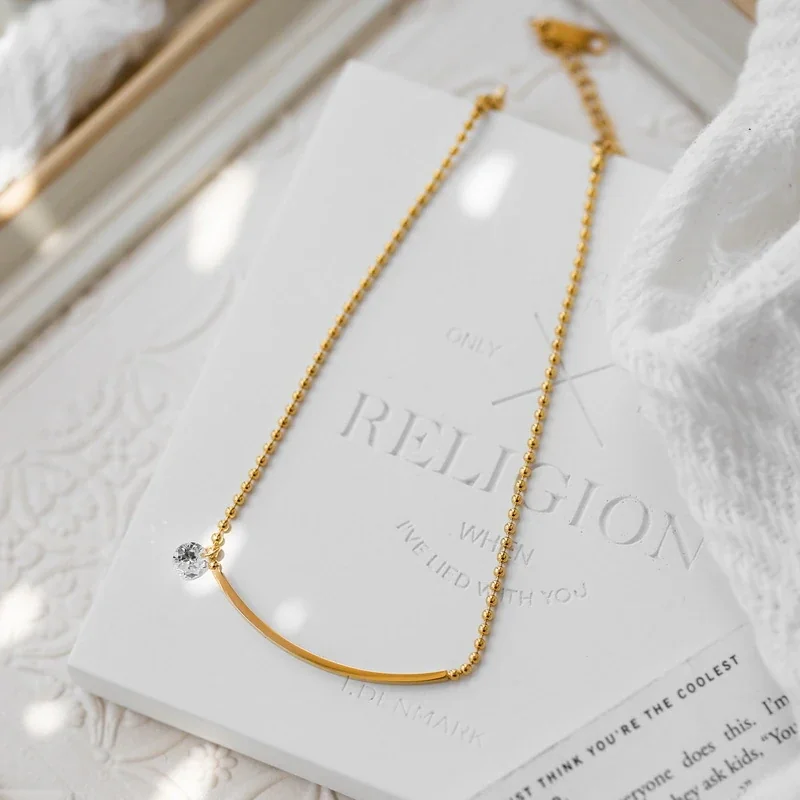 Anklet with Curved Bar and Round CZ, Gold-Tone Steel