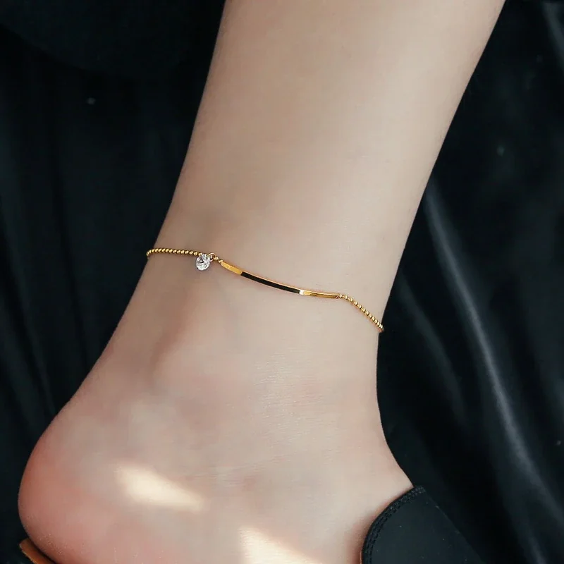 Anklet with Curved Bar and Round CZ, Gold-Tone Steel