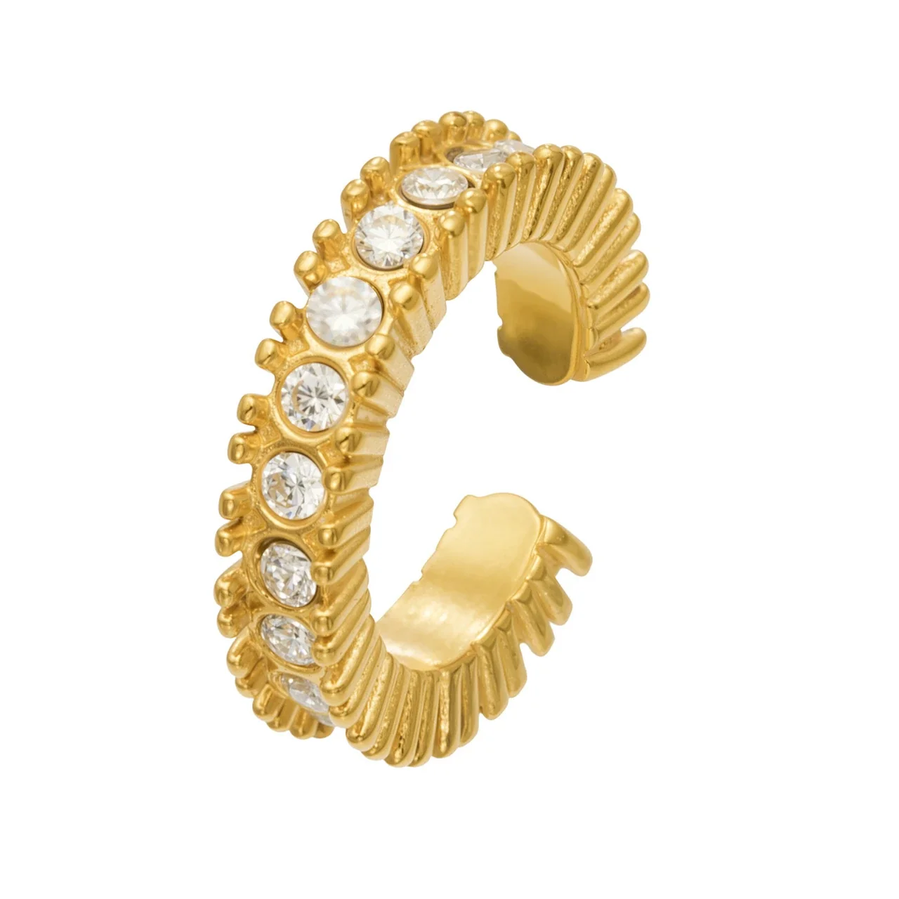 Ear Cuff with Ribbed Open Hoop and Round CZ, Stainless Steel