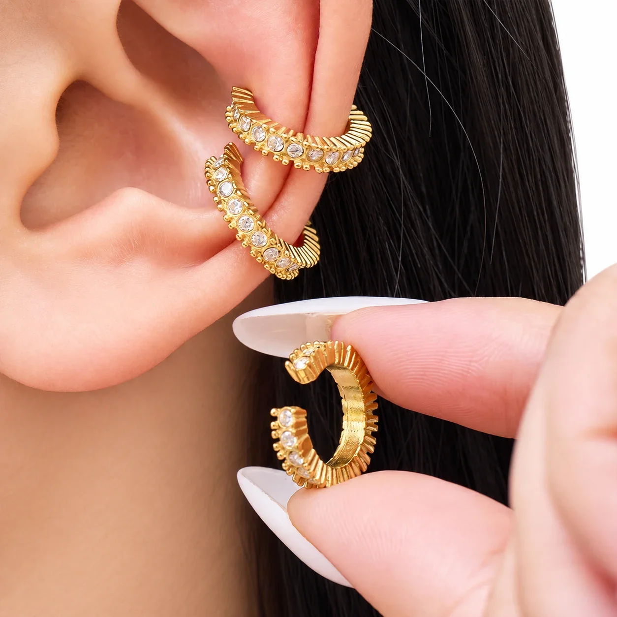 Ear Cuff with Ribbed Open Hoop and Round CZ, Stainless Steel